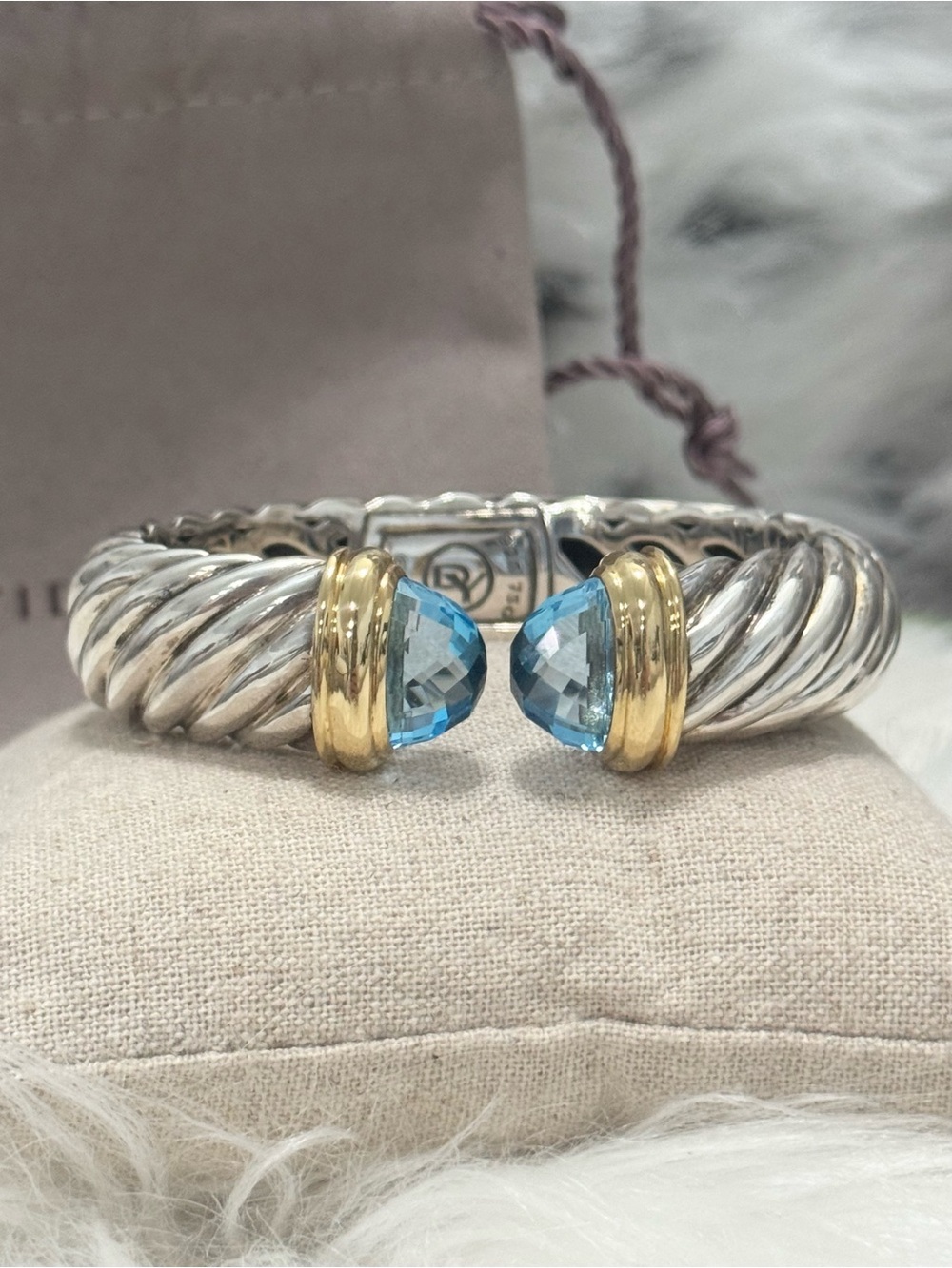 David Yurman 15MM Waverly Blue Topaz Cable Cuff Bracelet .925/18K Gold